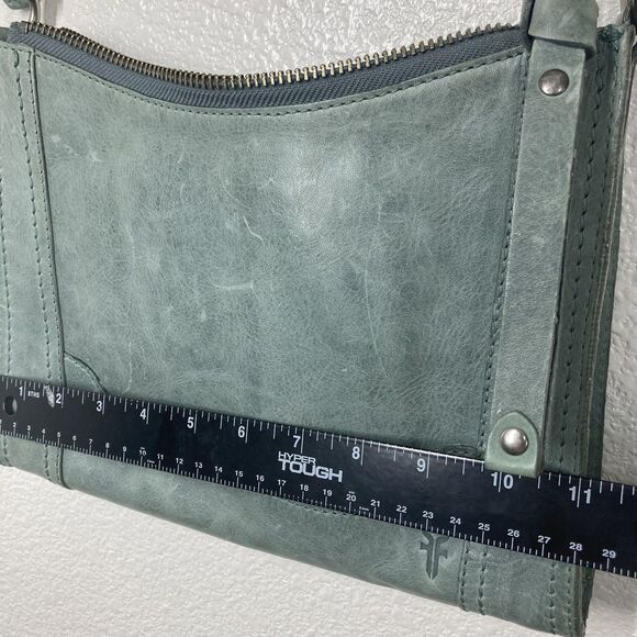 Frye Melissa Leather Zip Crossbody Bag Green Sky Tone Adjustable Strap 8x11" - Picture 8 of 16